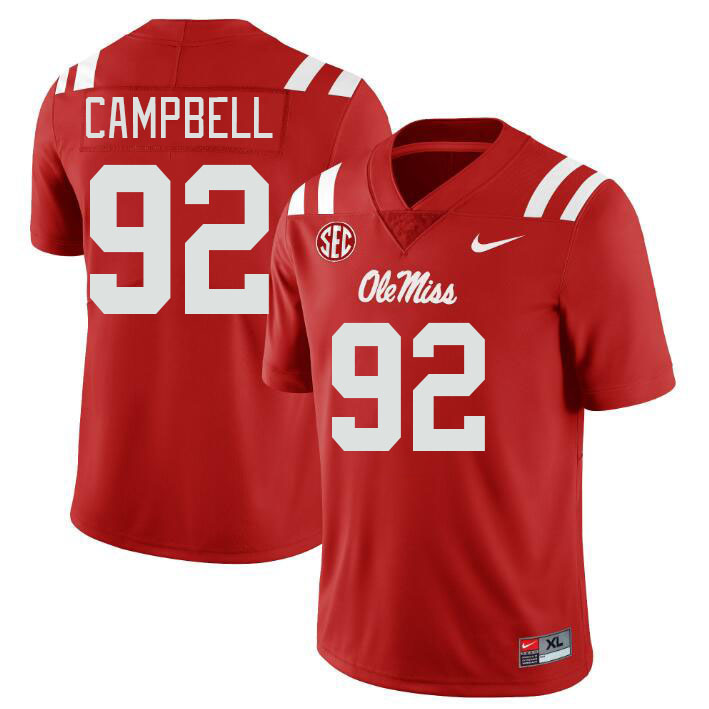 Men #92 Chamberlain Campbell Ole Miss Rebels College Football Jerseyes Stitched Sale-Red